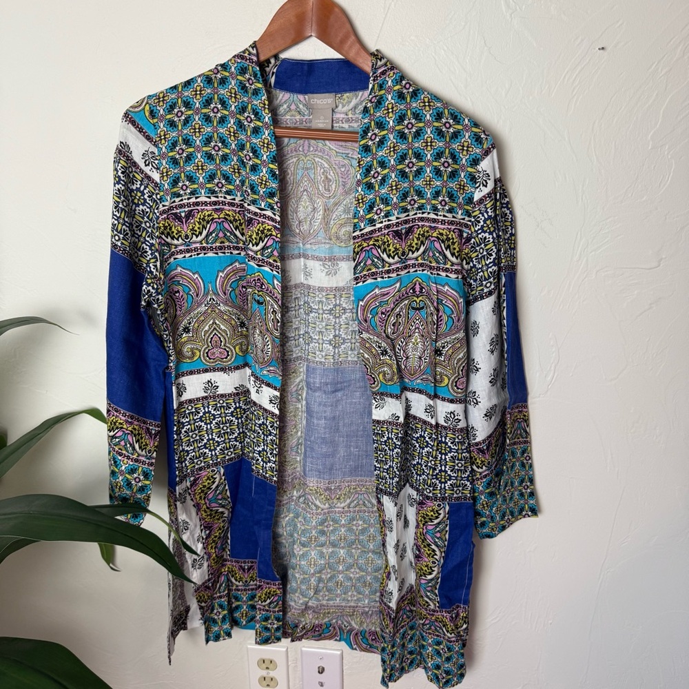 Chico’s 100% Linen Patchwork Open Front Kimono Cardigan – Size 0 (S/M)